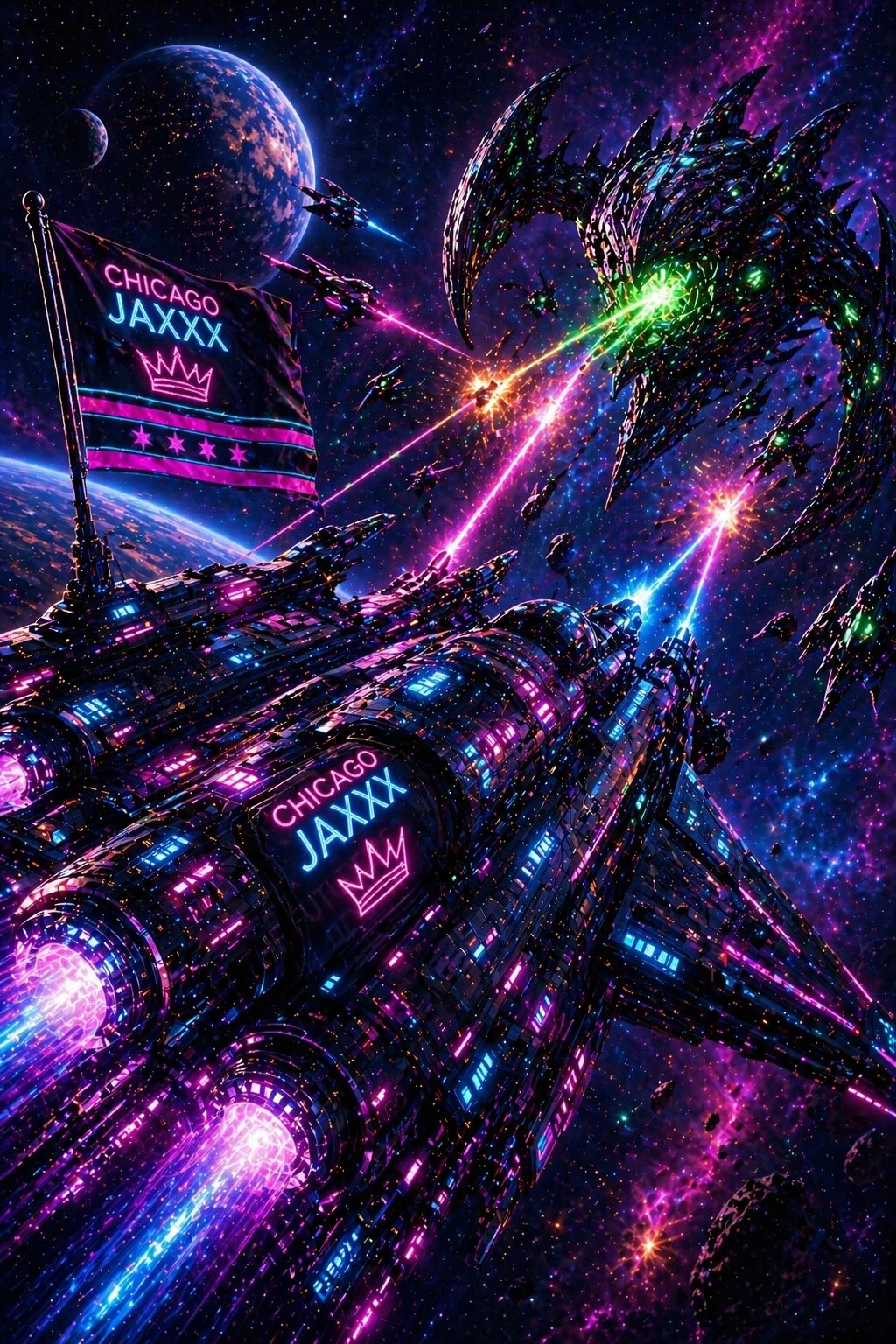 Future of Funk carrier and starfighters entering fleet combat against alien opposition